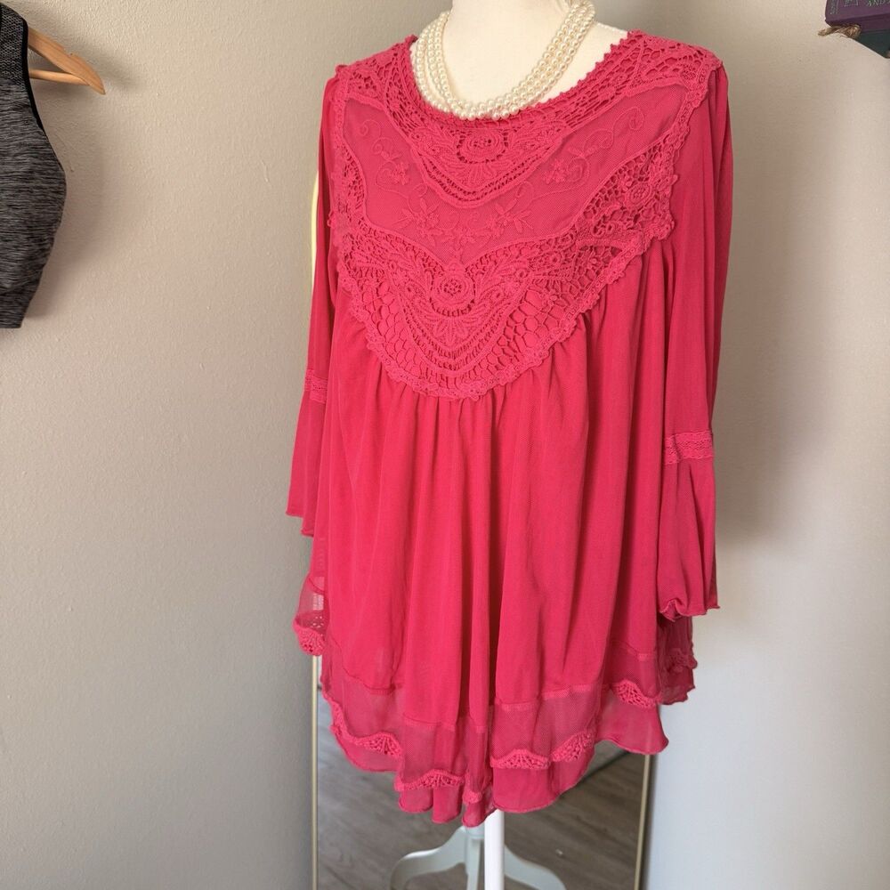 Romantic Fairycore Hot Pink Fushia Barbiecore Romantic Bell Sleeve Crochet Top S
